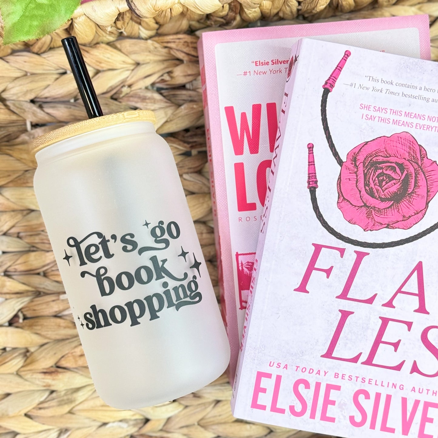 Let’s Go Book Shopping Frosted Glass Cup with Bamboo Lid and Reusable Straw - Aesthetic Bookish Drinkware for Readers