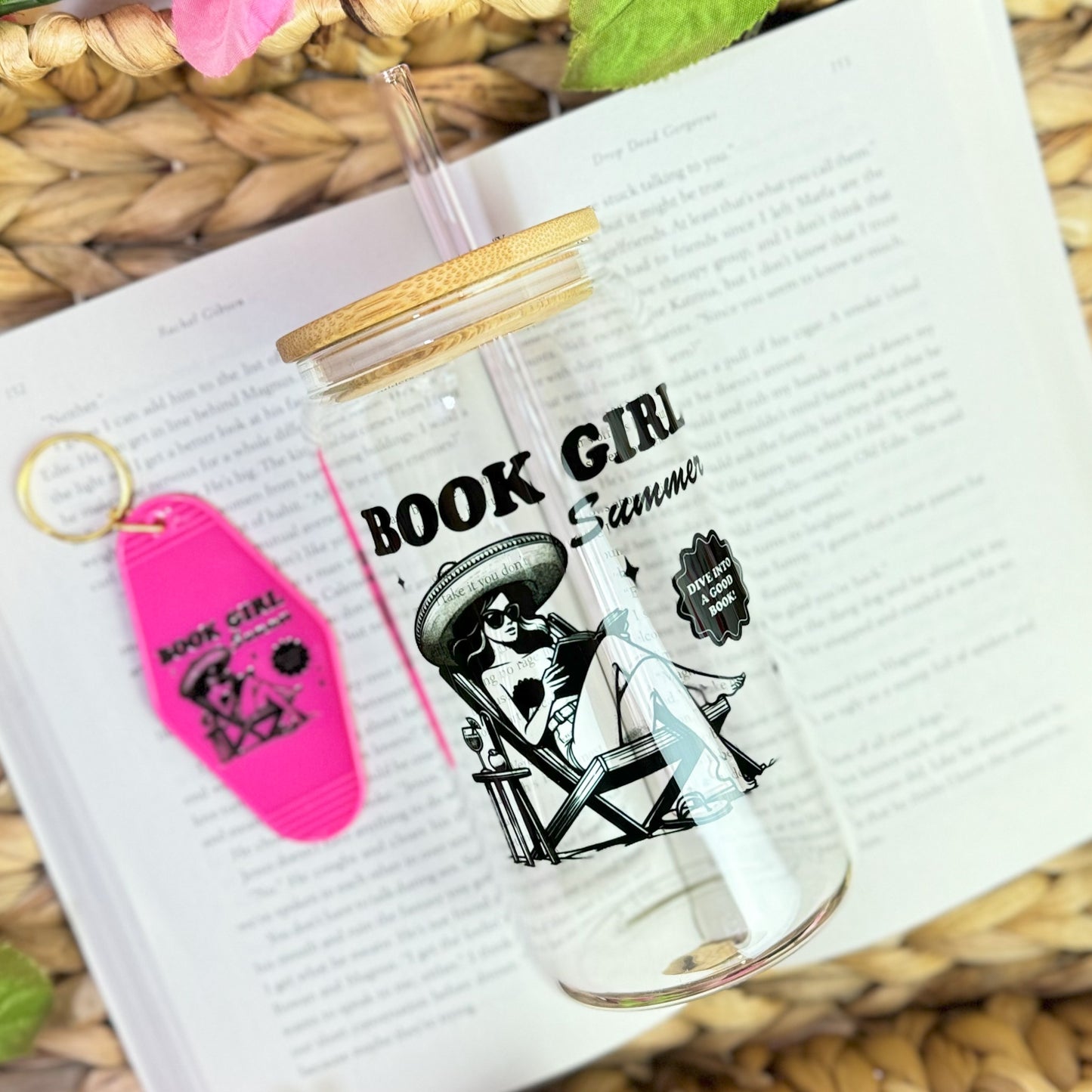 Book Girl Summer Clear Glass Cup with Bamboo Lid & Stylish Straw Options | Perfect for Readers