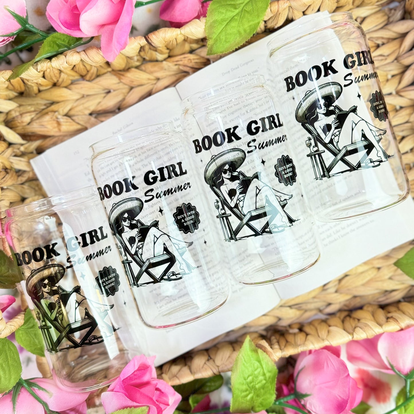 Book Girl Summer Clear Glass Cup with Bamboo Lid & Stylish Straw Options | Perfect for Readers