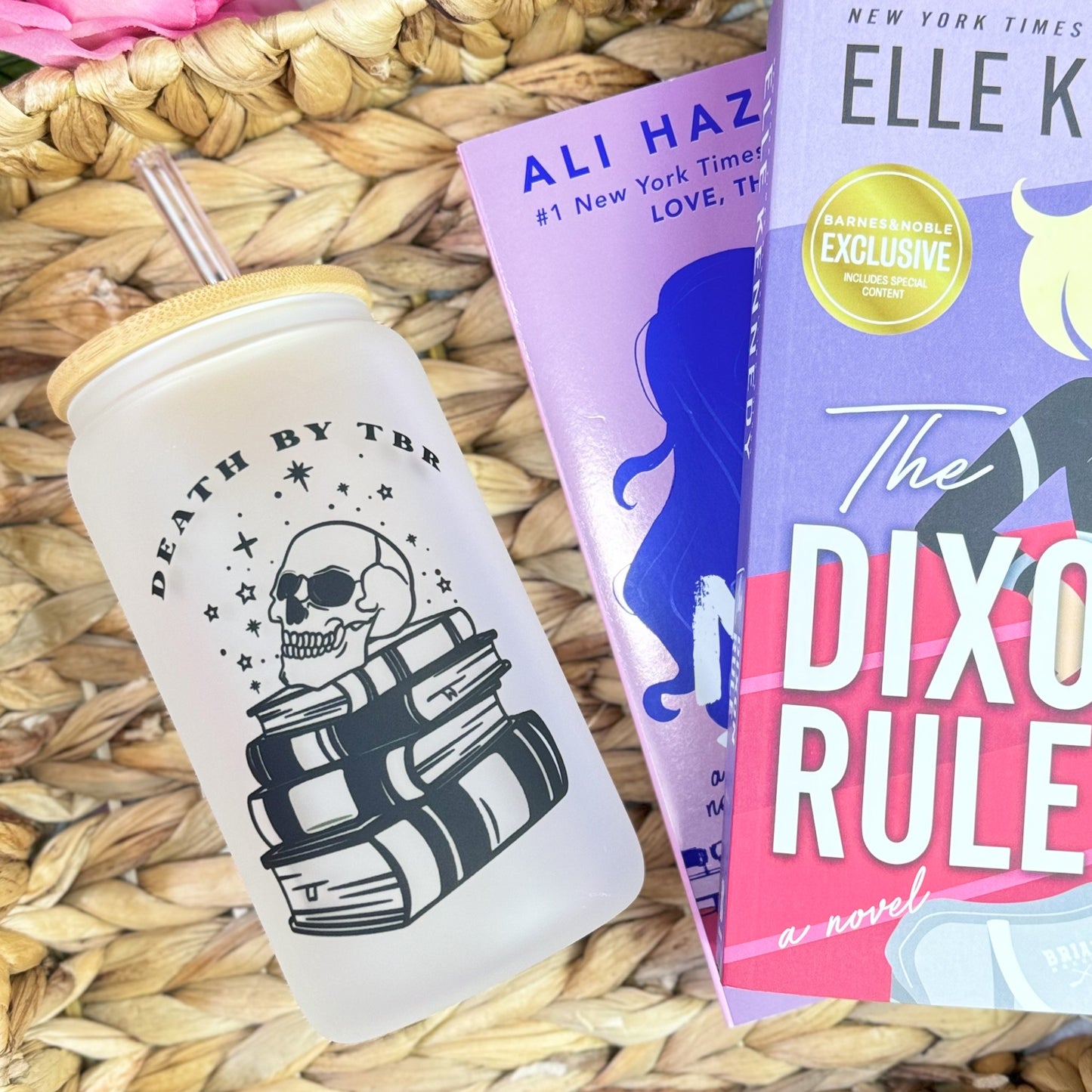 Death by TBR Frosted Glass Cup | Bookish Glass Cup with Bamboo Lid and Straw