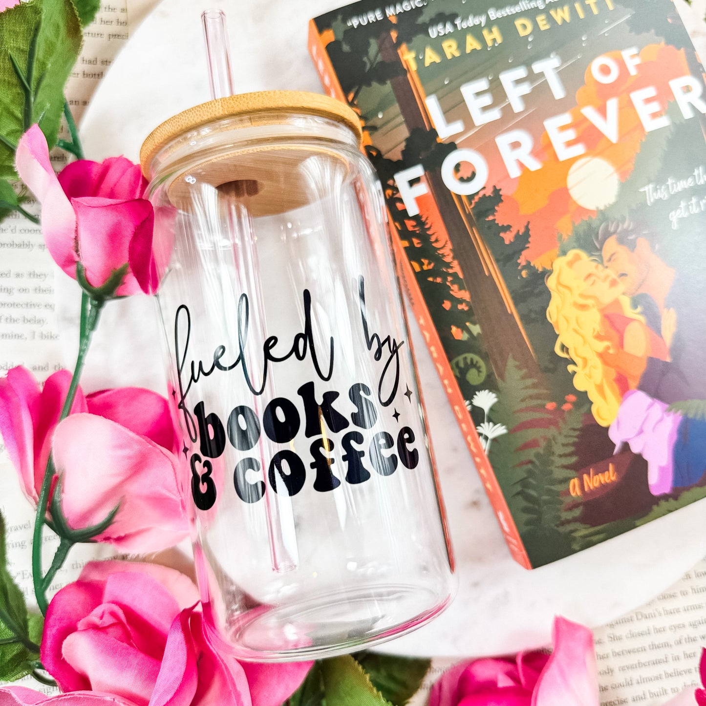 Fueled By Books & Coffee Clear Glass Cup With Bamboo Lid And Straw