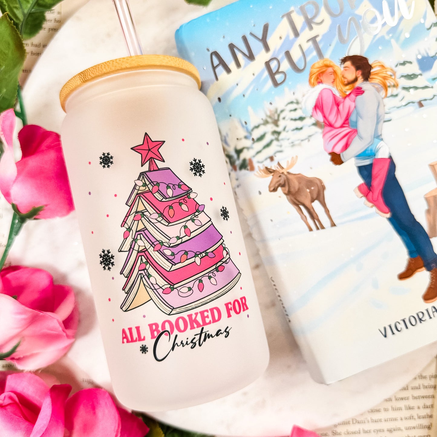 All Booked for Christmas Frosted Glass Cup – Bamboo Lid & Custom Straw Options for Book Lovers