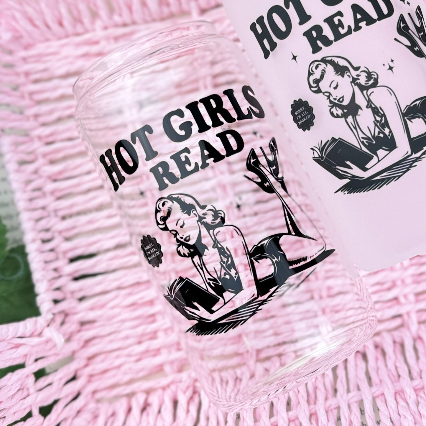 Hot Girls Read Clear Glass Cup with Bamboo Lid & Custom Straw Options | Gift for Readers