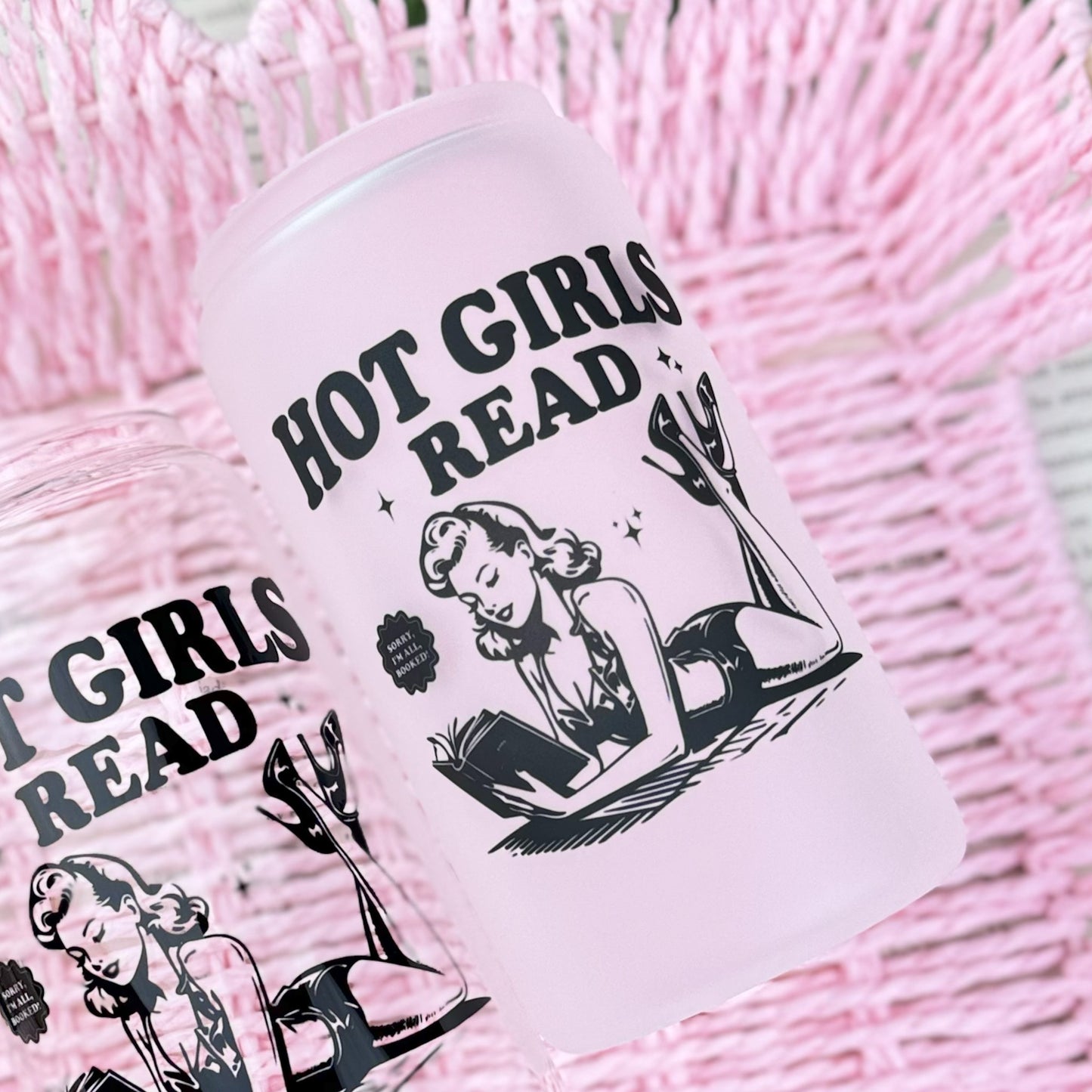Hot Girls Read Retro-Inspired Frosted Glass Cup with Bamboo Lid and Straw