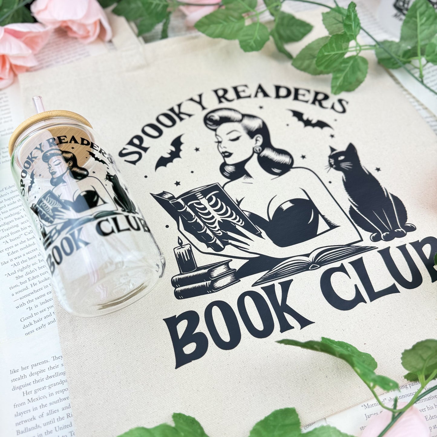 Spooky Readers Book Club Glass Cup | Clear Tumbler with Bamboo Lid and Optional Glass Straw Upgrade for Halloween Book Lovers