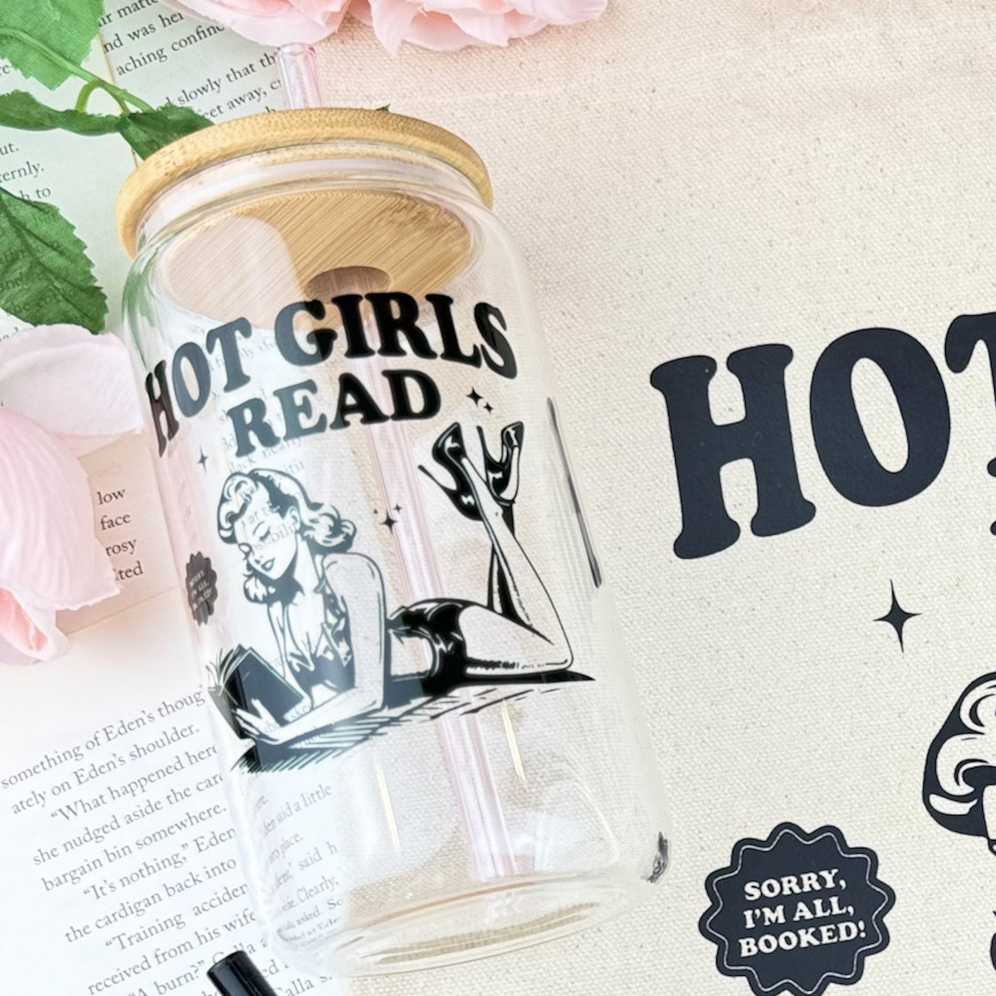 Hot Girls Read Clear Glass Cup with Bamboo Lid & Custom Straw Options | Gift for Readers