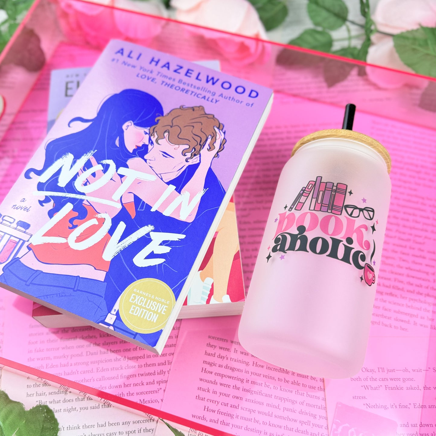Bookaholic Frosted Glass Cup With Bamboo Lid And Straw | BookTok Cup for Readers