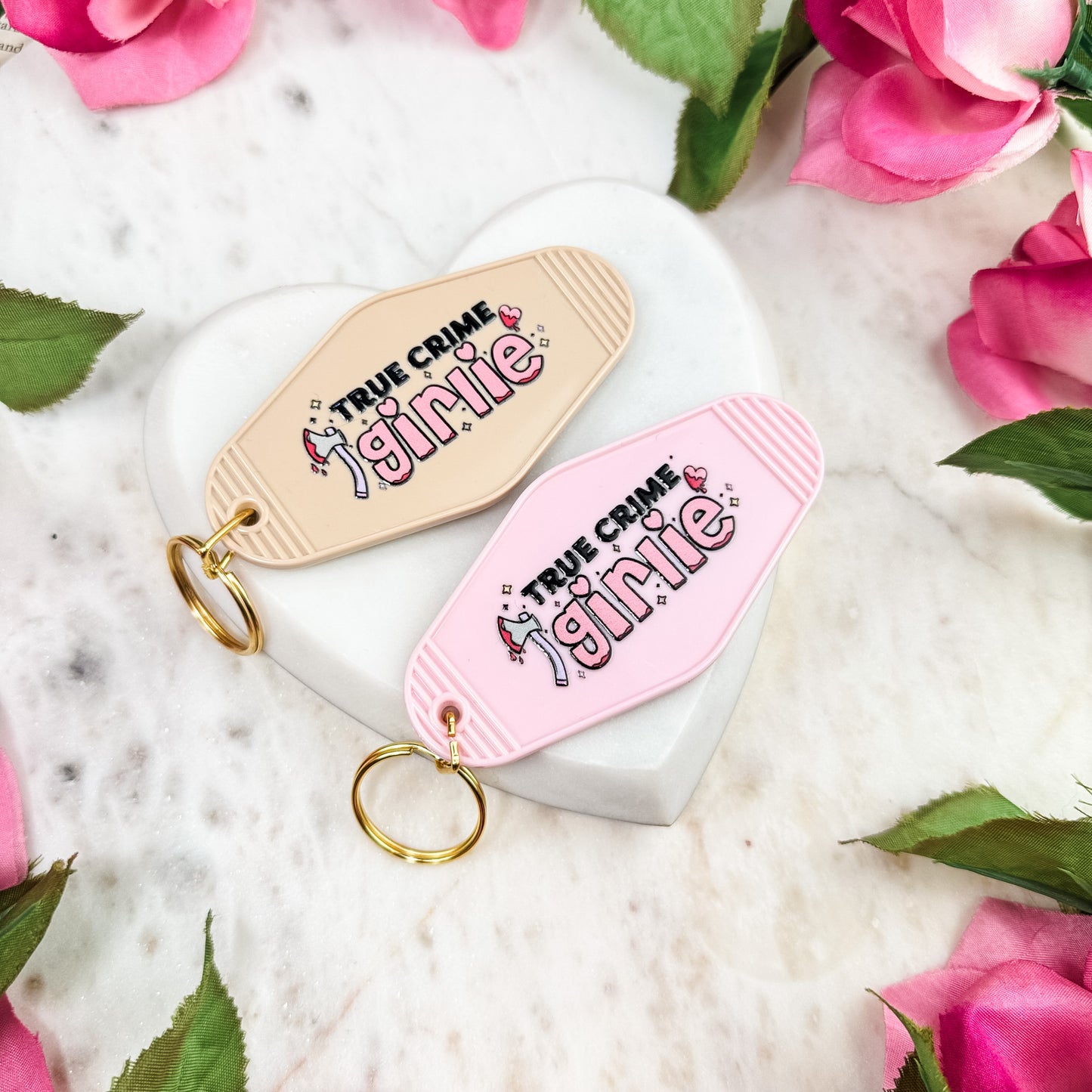 True Crime Girlie Motel Keychain for Mystery and Crime Book Lovers