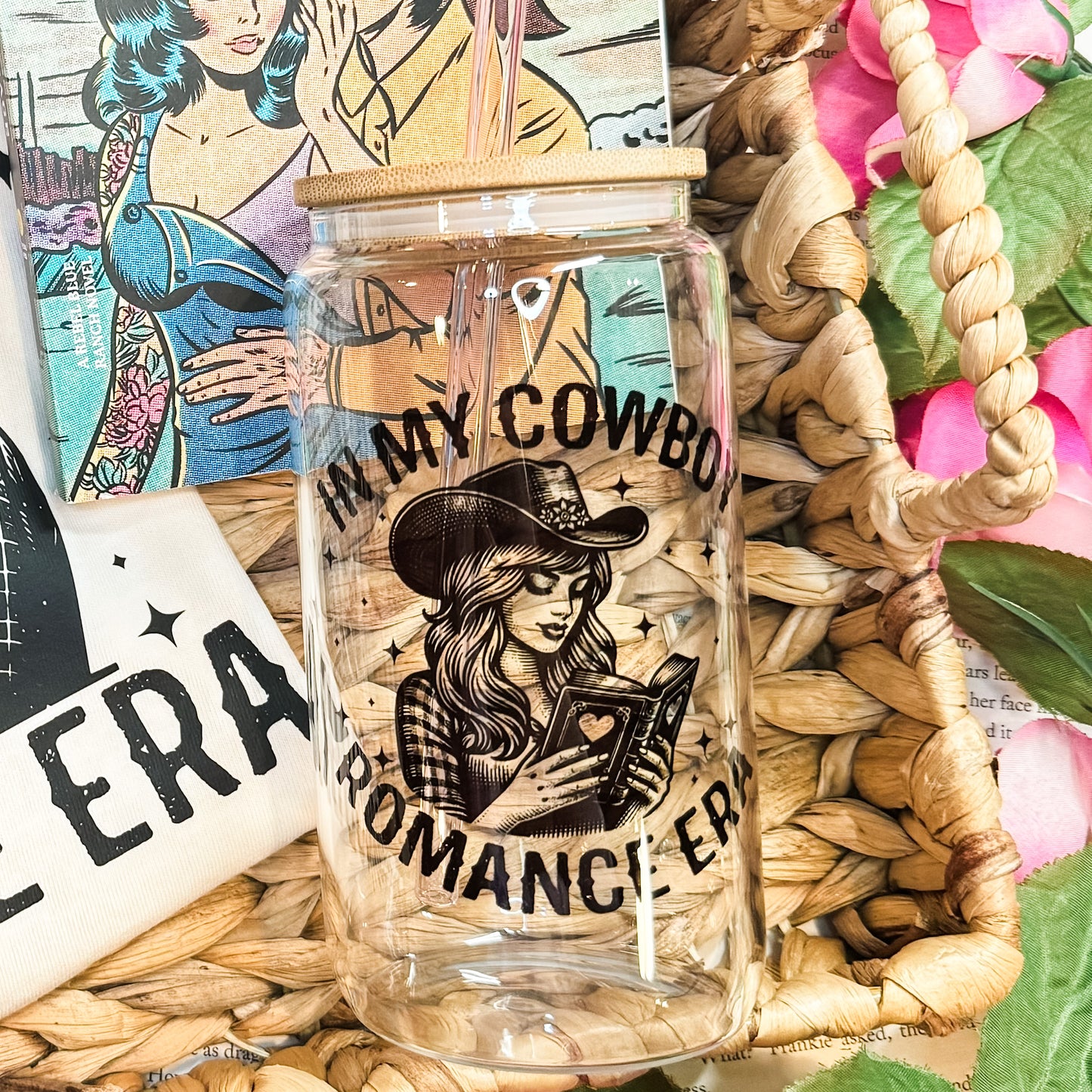 In My Cowboy Romance Era Clear Glass Cup with Bamboo Lid and Straw