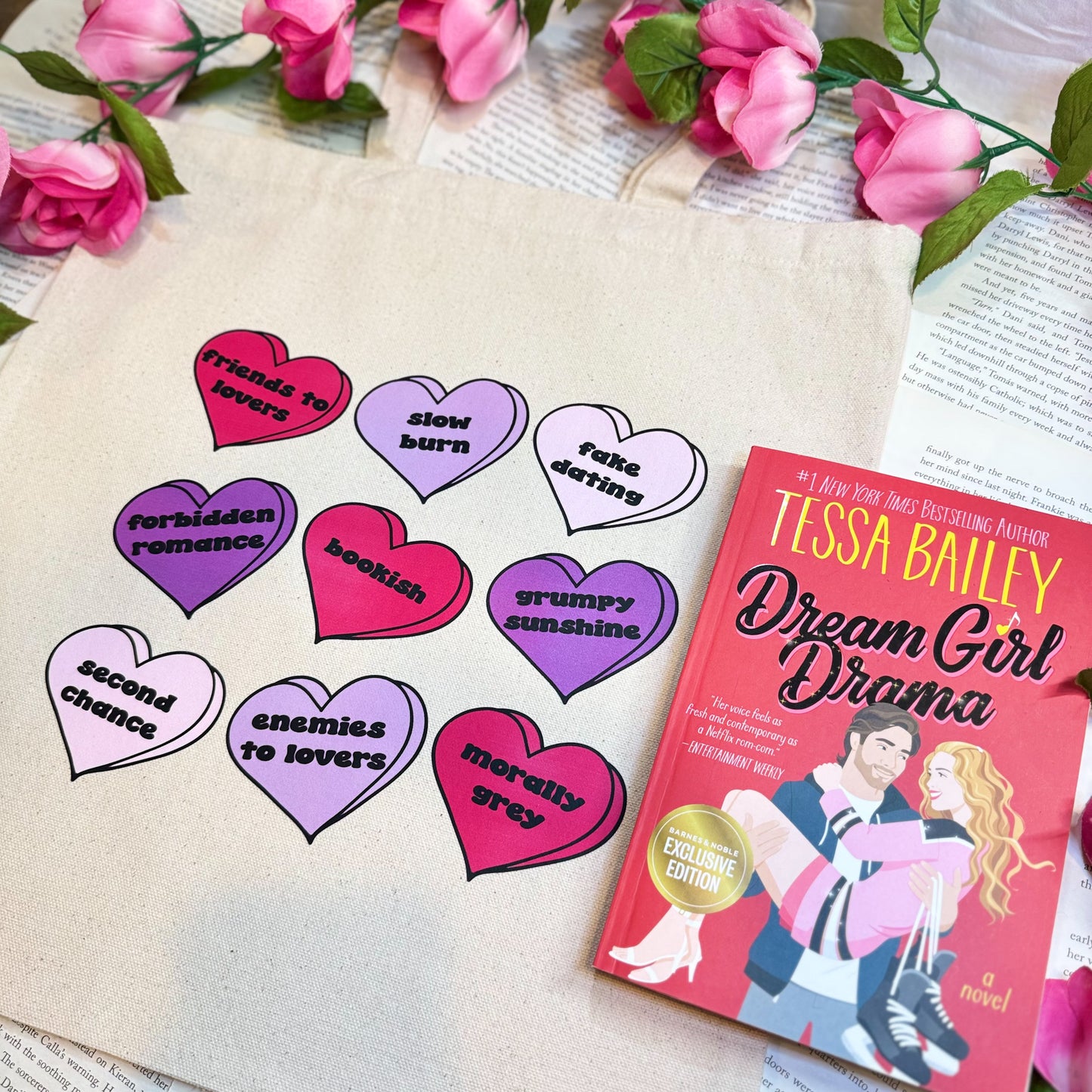 Bookish Tropes Candy Hearts Inspired Canvas Tote Bag | Bookish Valentine’s Day Gift for Romance Readers and Bibliophiles