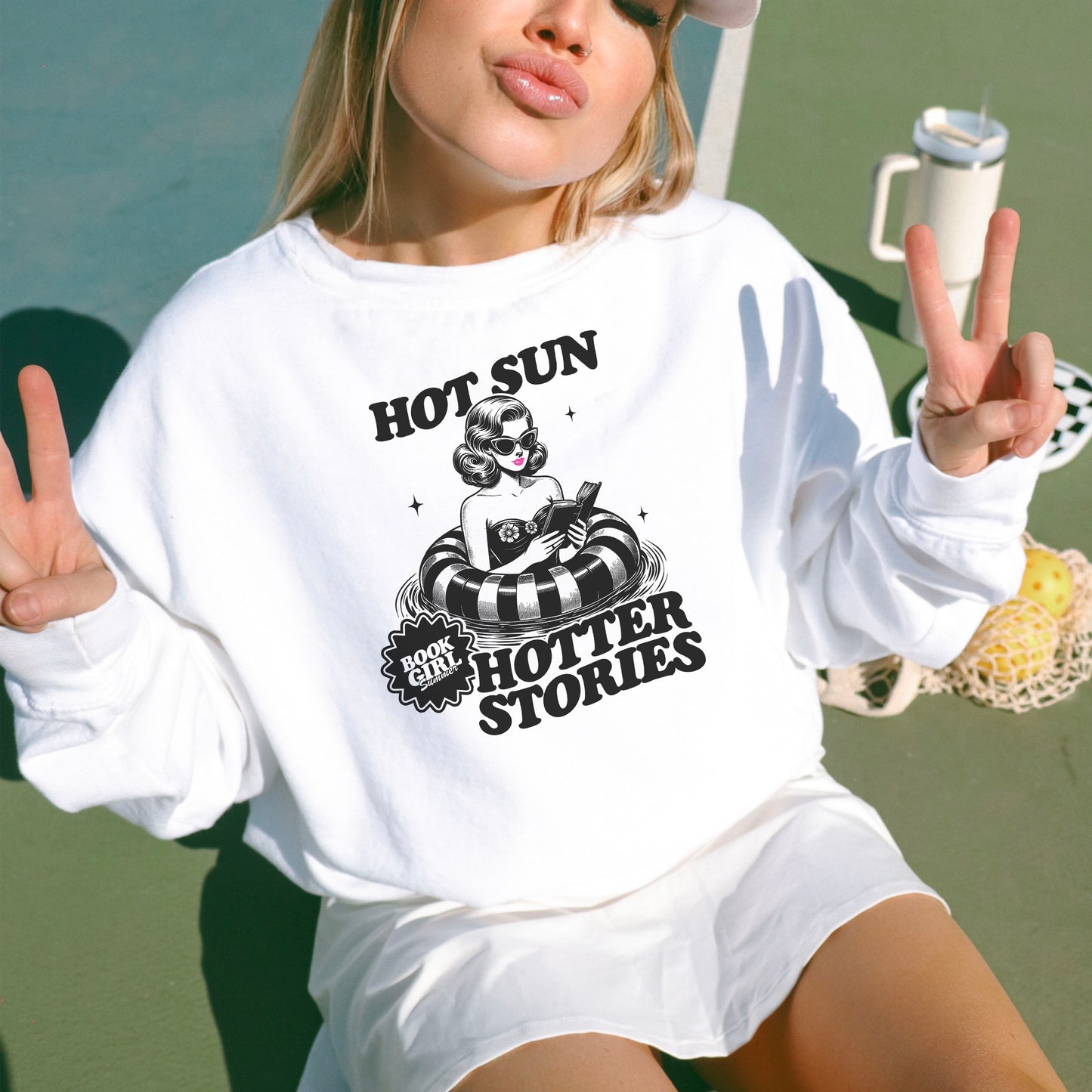 Hot Sun, Hotter Stories - Retro Summer Bookish Comfort Colors Sweatshirt for Readers