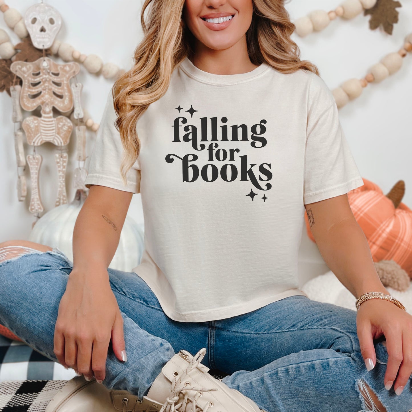 Falling For Books Premium Cropped Boxy Shirt | Fall Reader Shirt