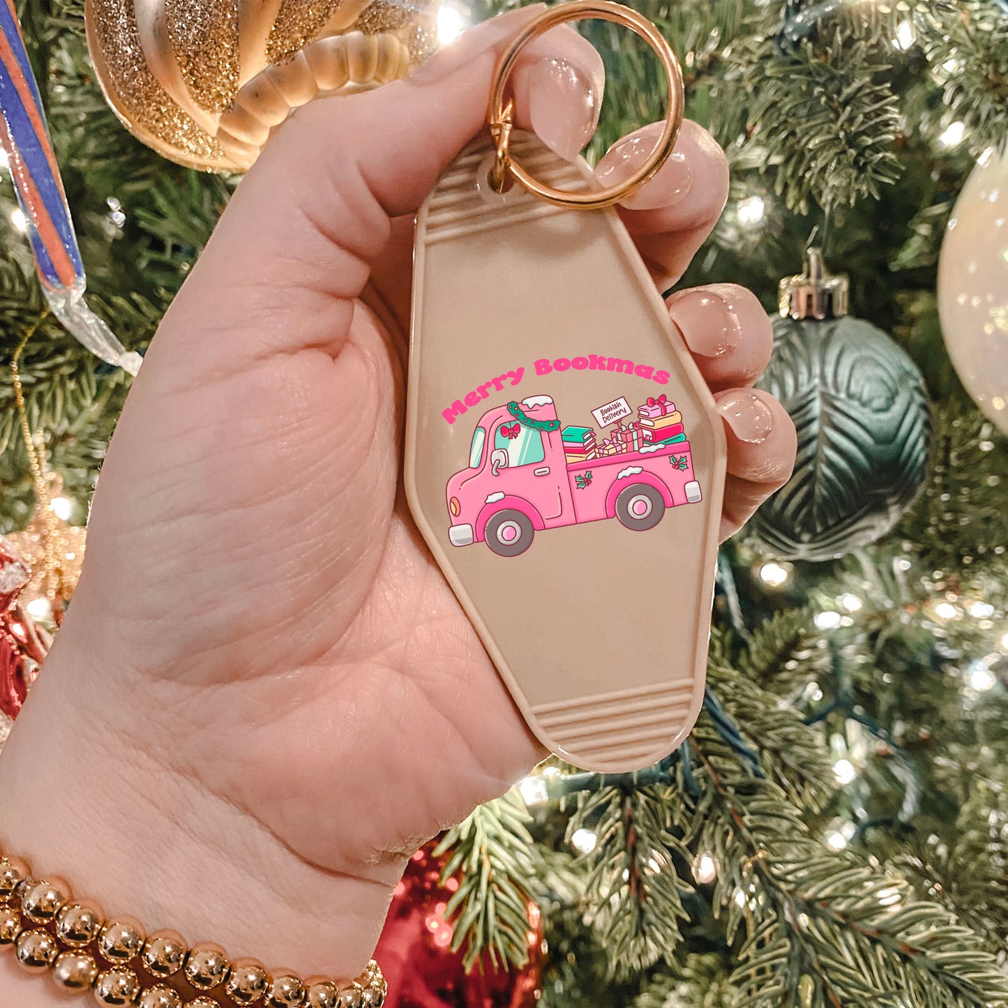 Merry Bookmas Holiday Book Truck Motel Keychain