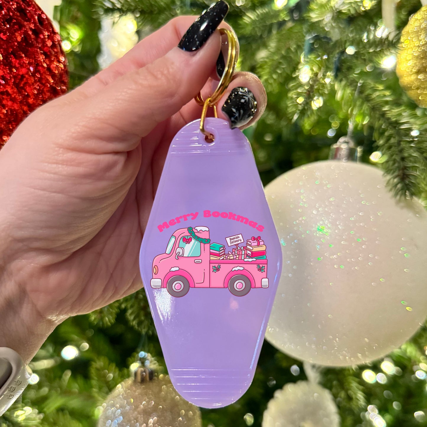Merry Bookmas Holiday Book Truck Motel Keychain