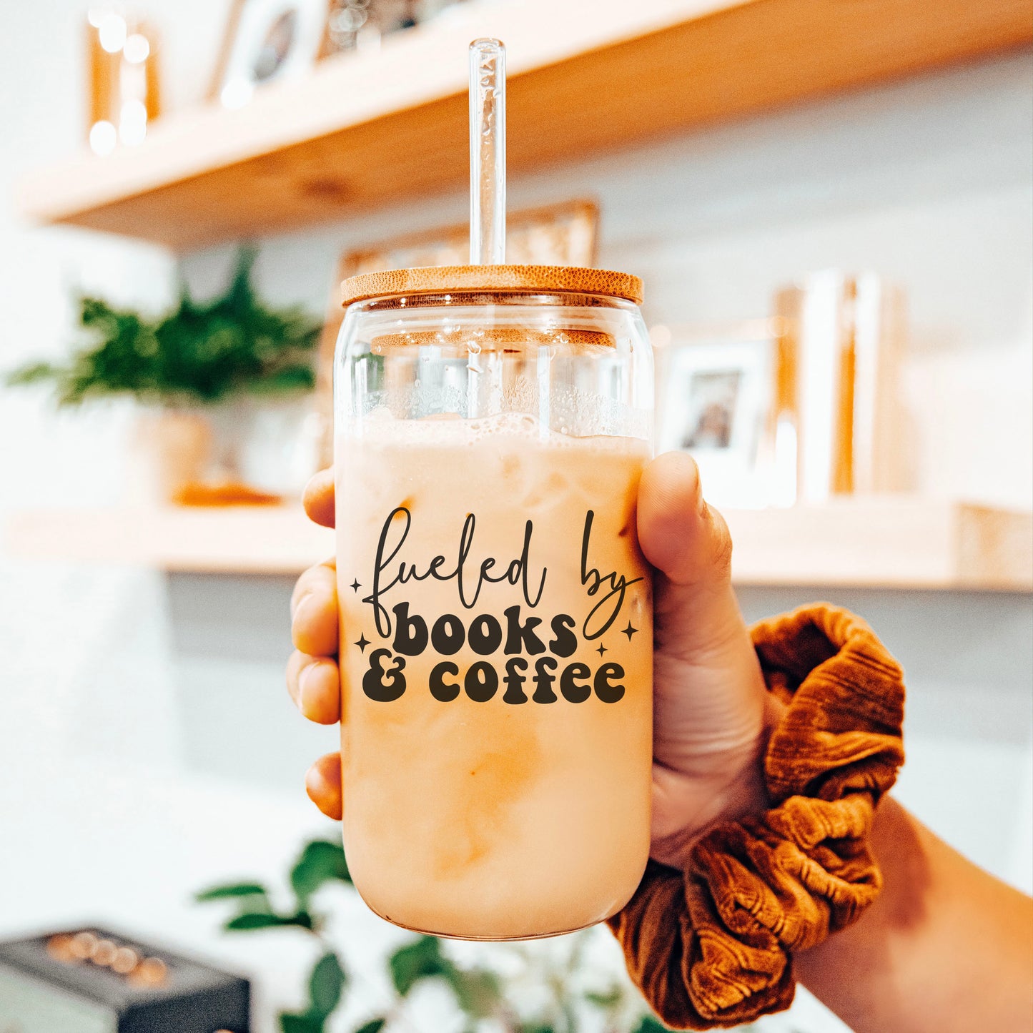 Fueled By Books & Coffee Clear Glass Cup With Bamboo Lid And Straw