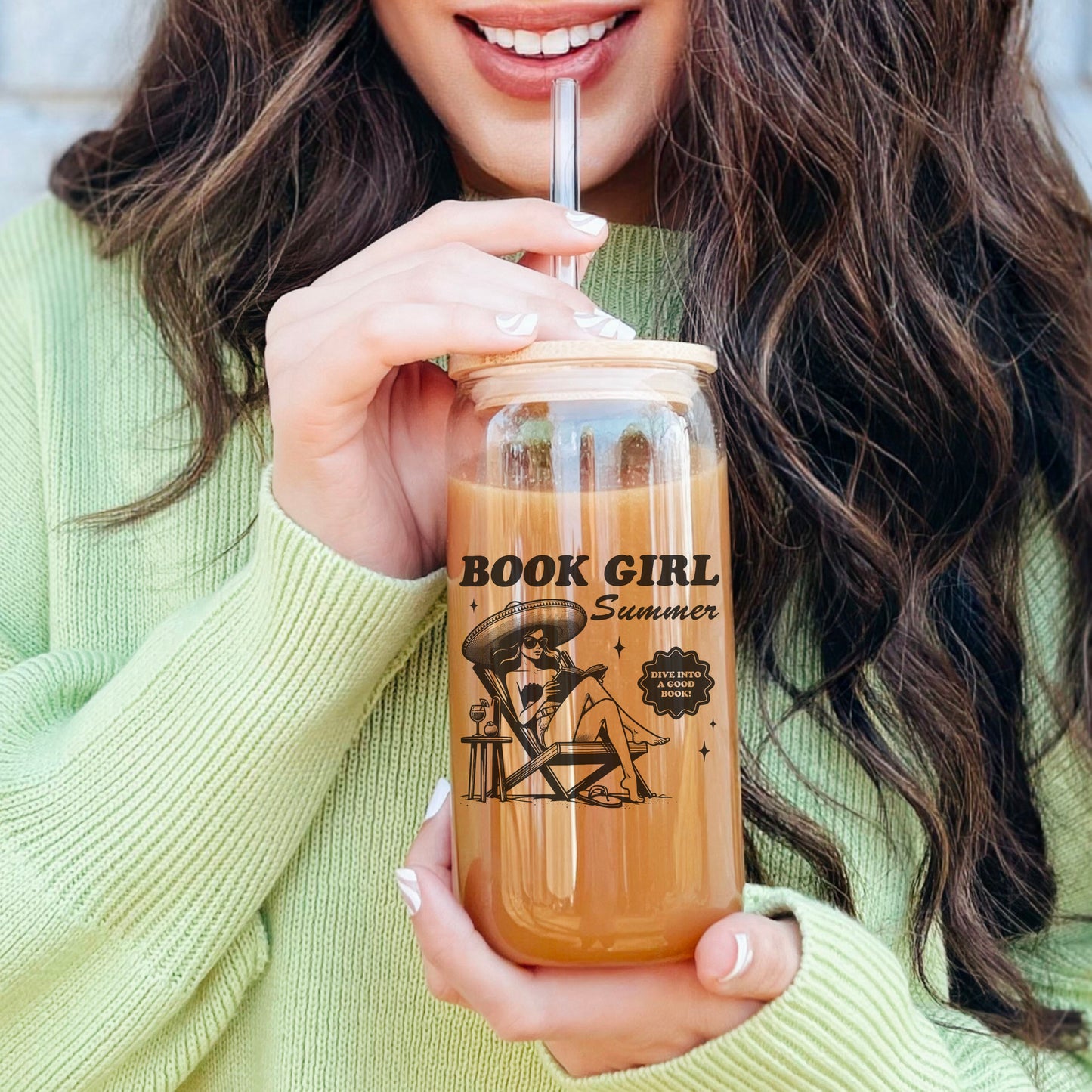 Book Girl Summer Clear Glass Cup with Bamboo Lid & Stylish Straw Options | Perfect for Readers