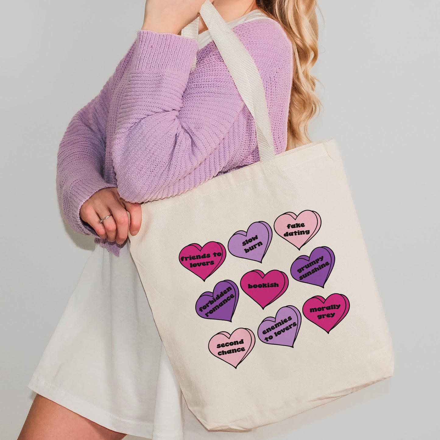 Bookish Tropes Candy Hearts Inspired Canvas Tote Bag | Bookish Valentine’s Day Gift for Romance Readers and Bibliophiles