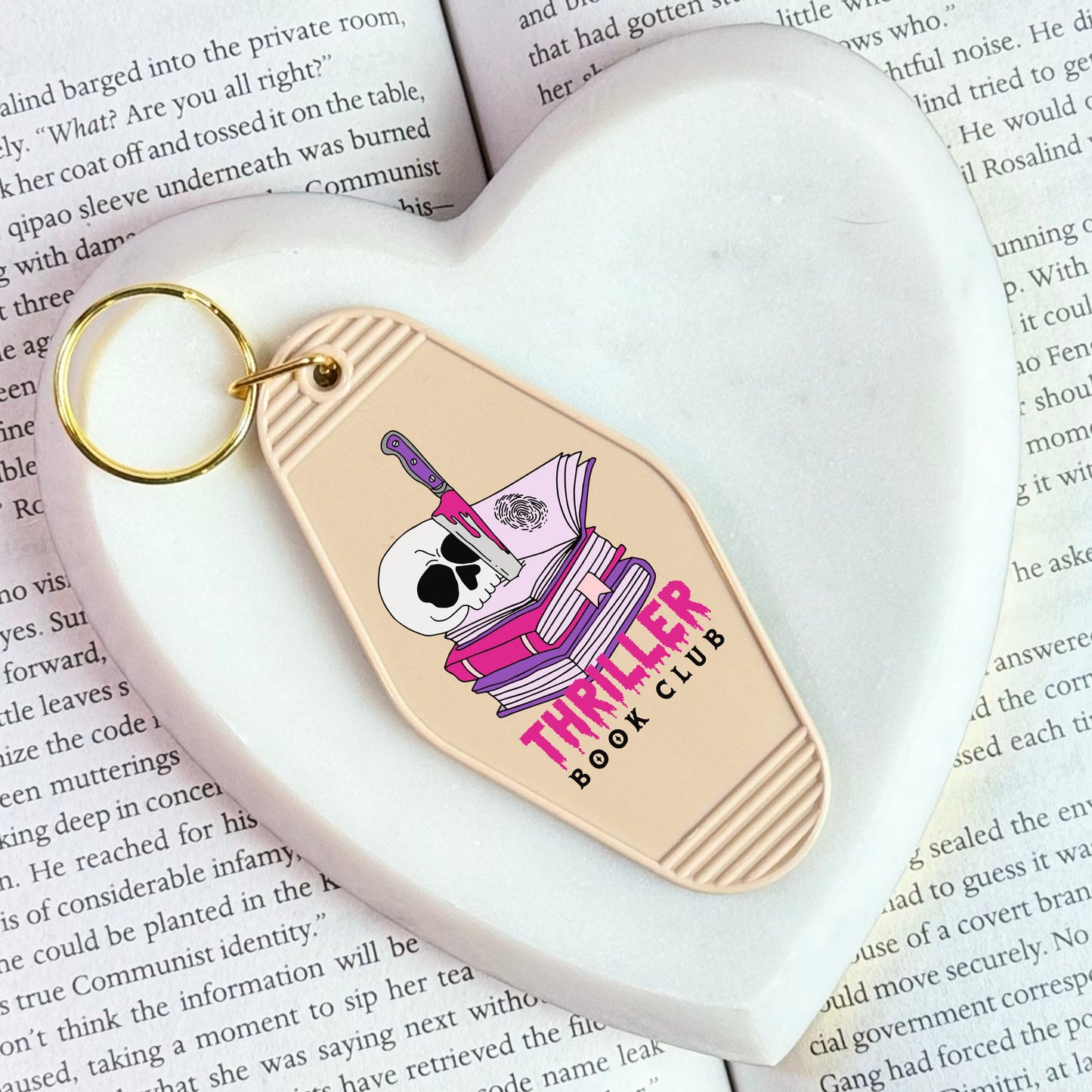 Thriller Book Club Motel Keychain for Mystery and Crime Book Lovers