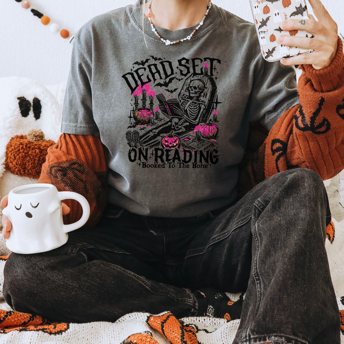 Dead Set On Reading - Comfort Colors Heavyweight Shirt | Halloween Bookworm Tee
