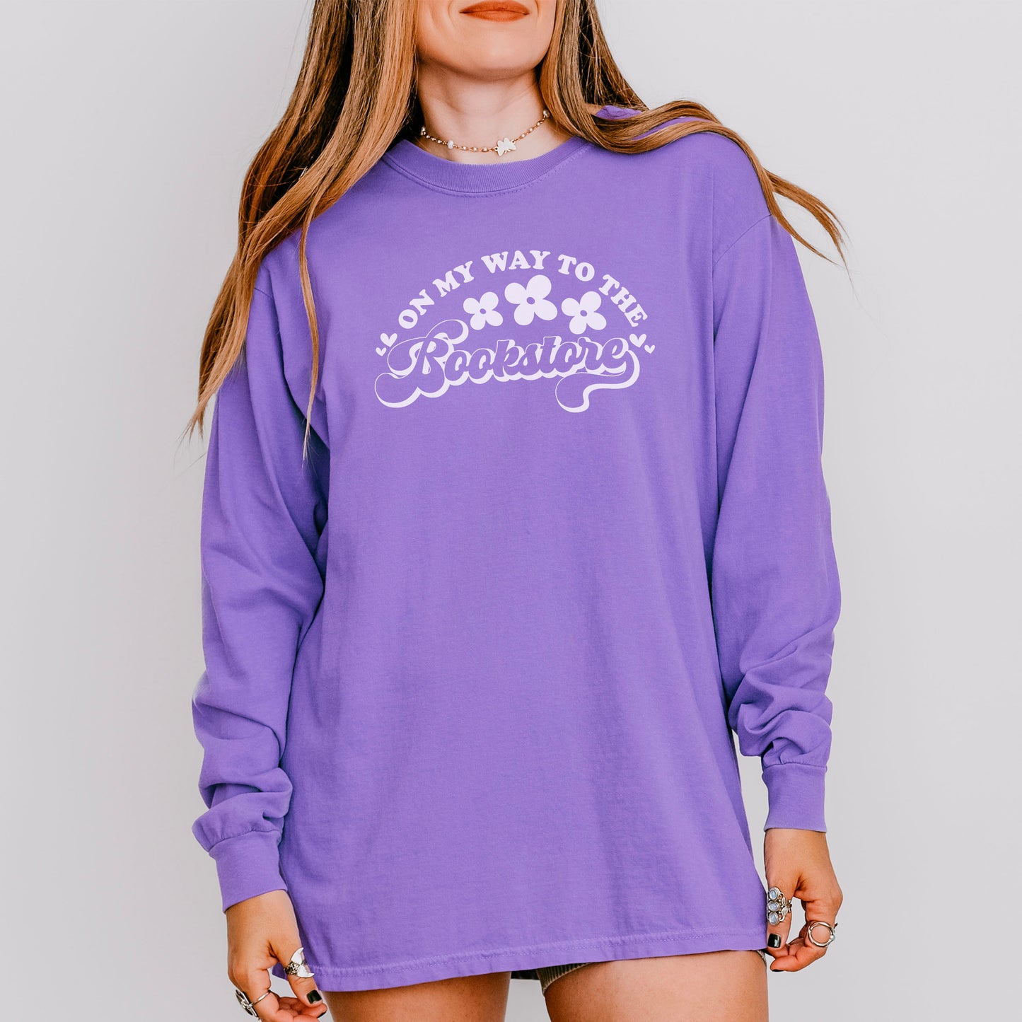 On My Way to the Bookstore Long Sleeve Shirt - Comfort Colors Bookish Shirt for Cozy Bookstore Trips