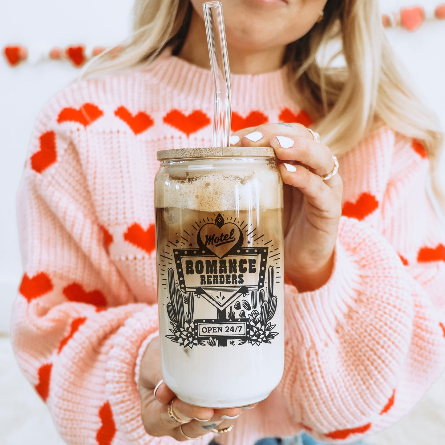 Romance Readers Motel Clear Glass Cup | Vintage Bookish Design for Romance Lovers
