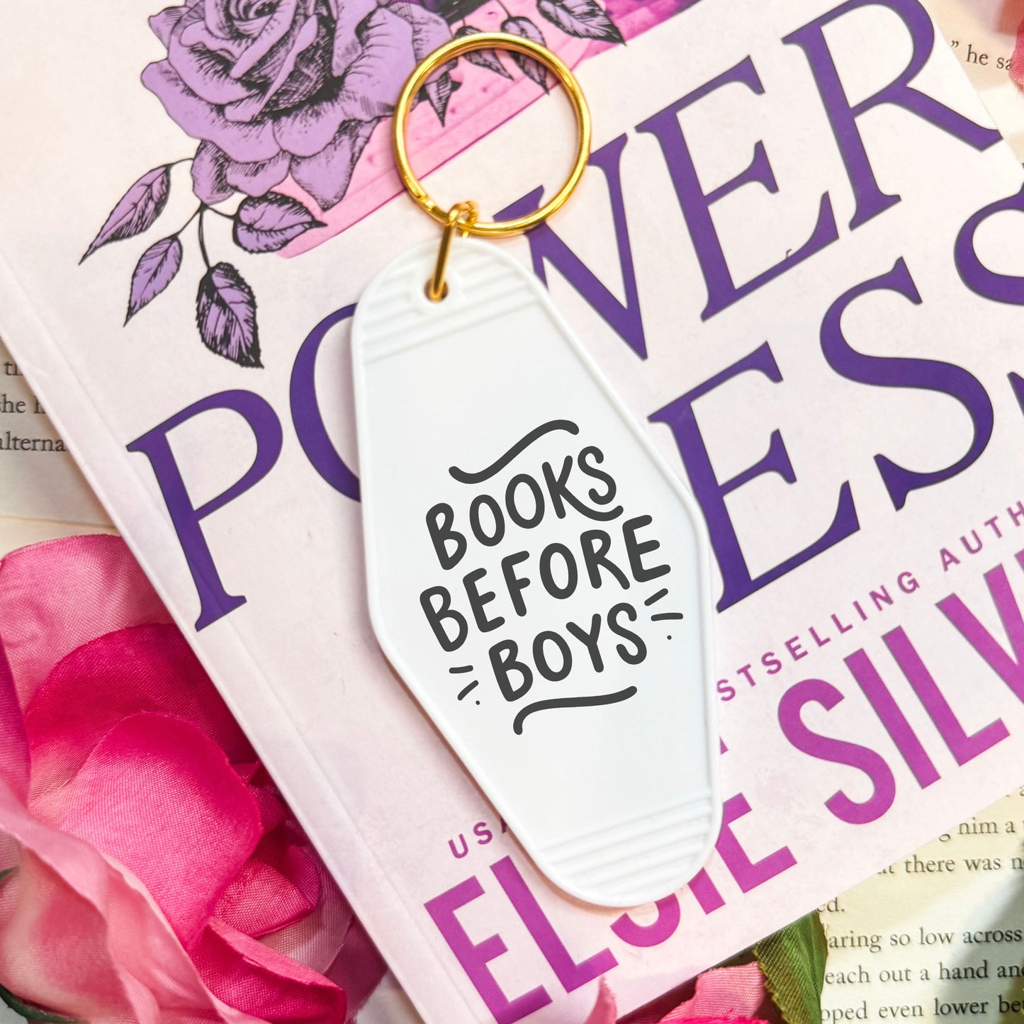 Books Before Boys Retro Motel Keychain with UVF Decal for Book Lovers and Valentine’s Day