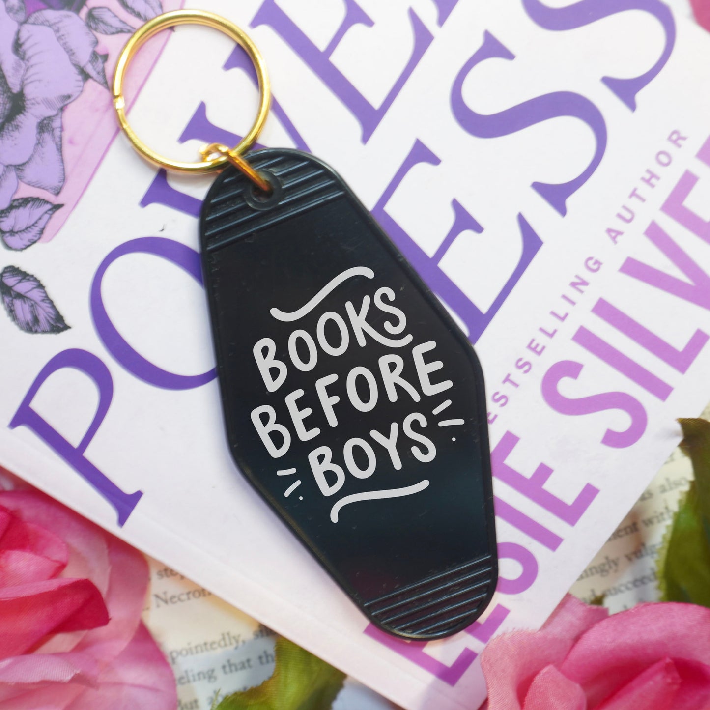Books Before Boys Retro Motel Keychain with UVF Decal for Book Lovers and Valentine’s Day