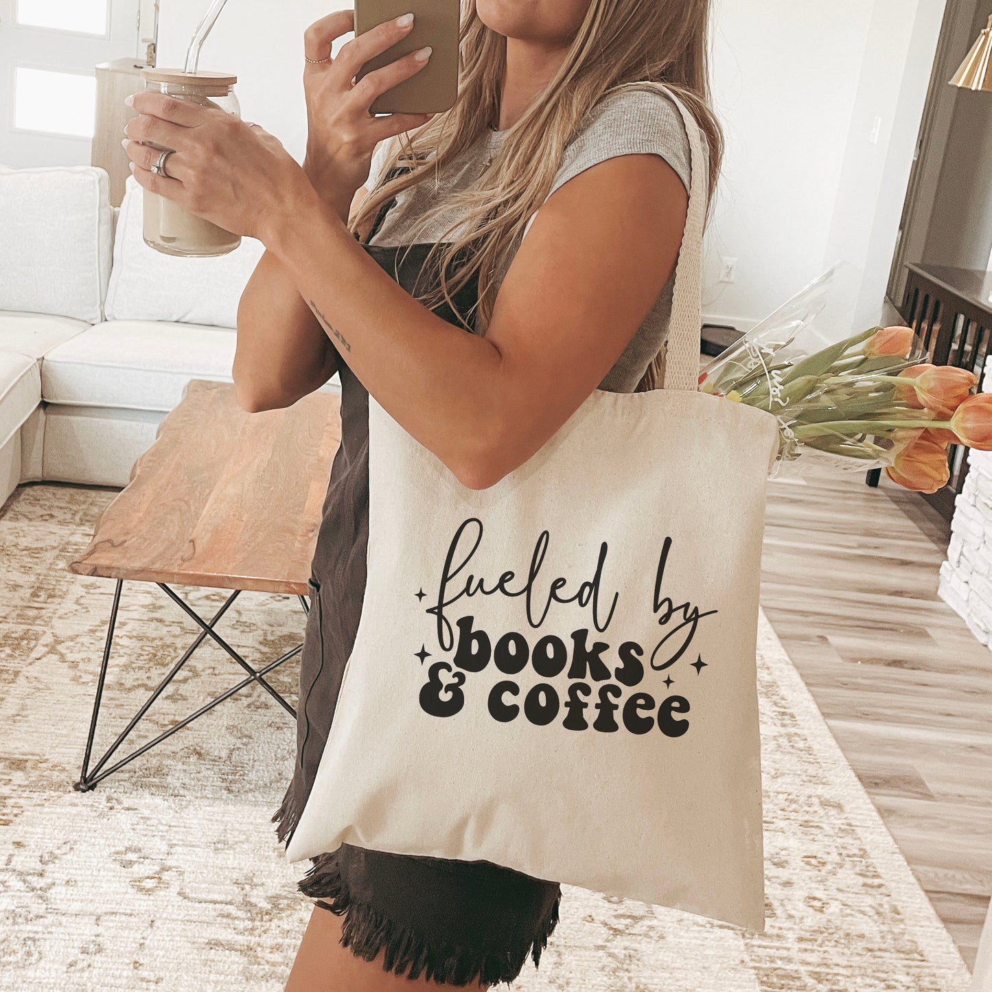 Fueled By Books & Coffee Bookish Canvas Tote Bag Cotton Reusable Shopping Bag