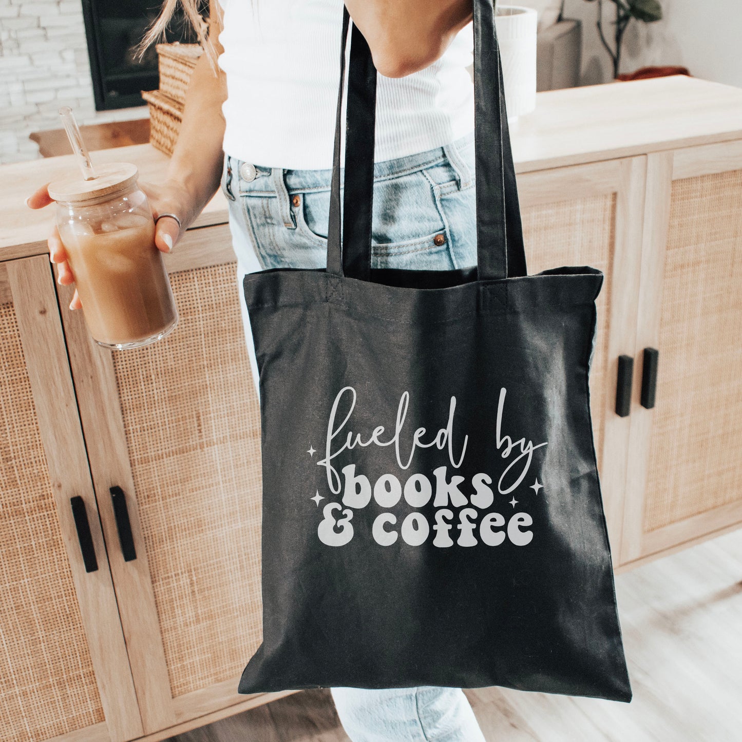 Fueled By Books & Coffee Bookish Canvas Tote Bag Cotton Reusable Shopping Bag