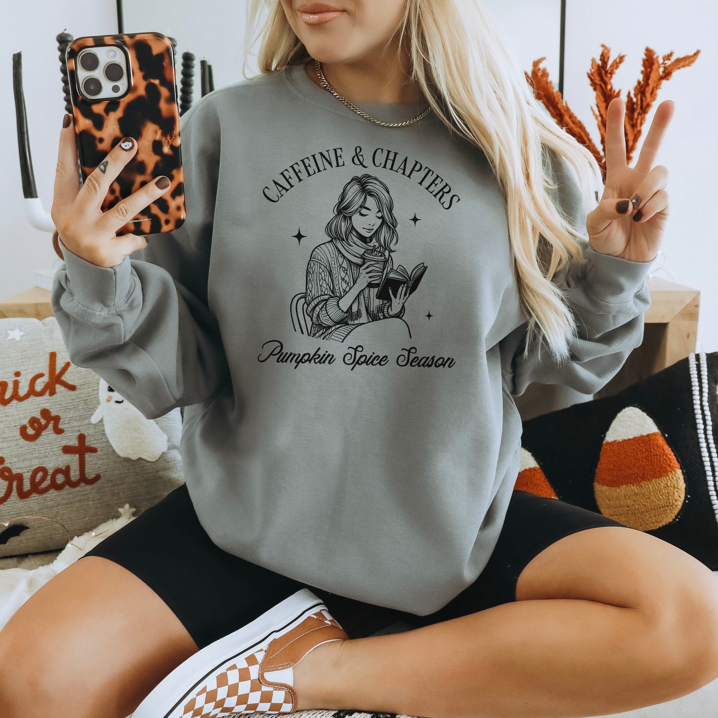 Caffeine & Chapters Comfort Colors Sweatshirt | Cozy Fall Bookish Apparel