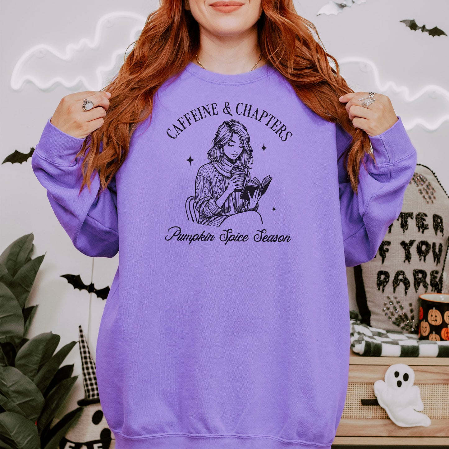 Caffeine & Chapters Comfort Colors Sweatshirt | Cozy Fall Bookish Apparel