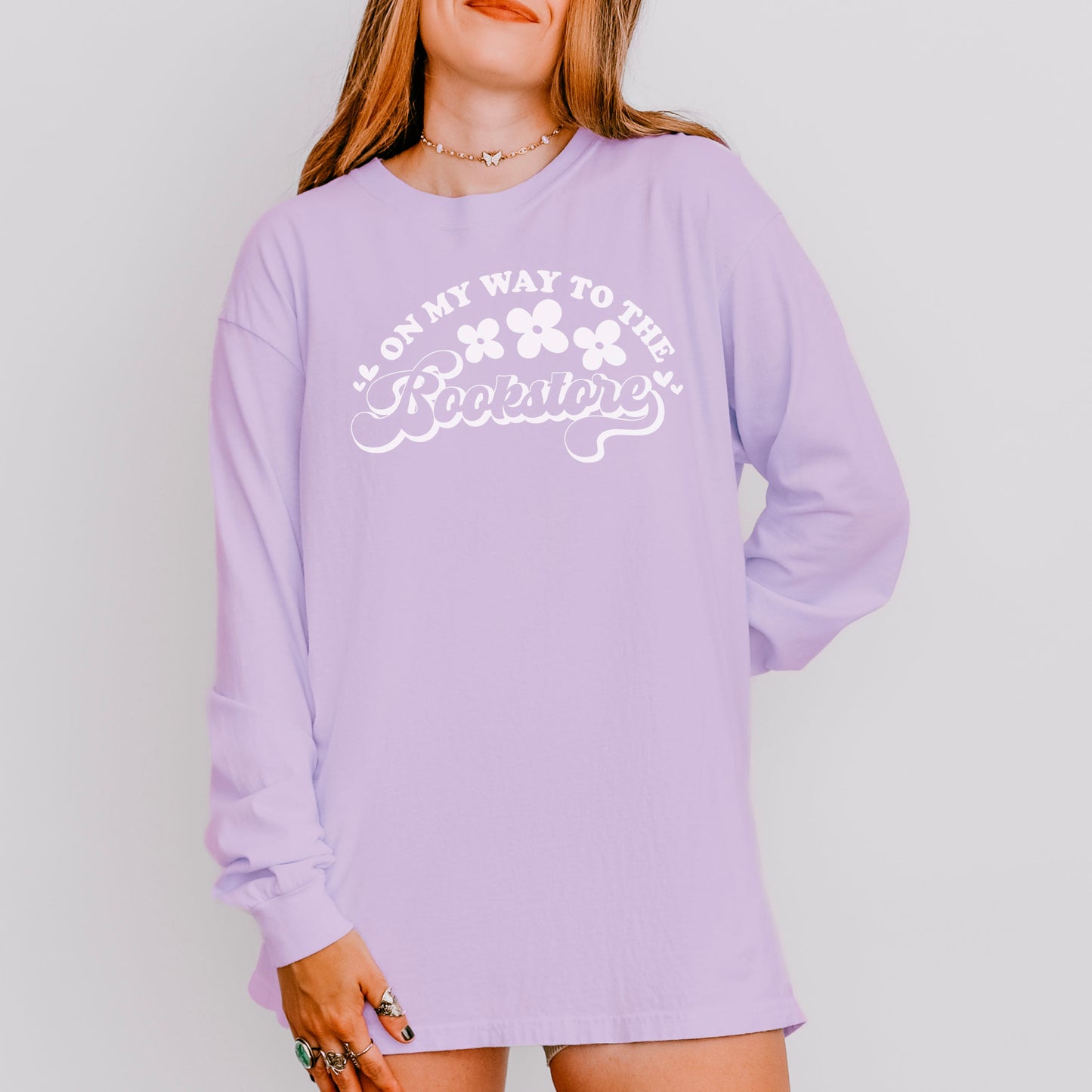 On My Way to the Bookstore Long Sleeve Shirt - Comfort Colors Bookish Shirt for Cozy Bookstore Trips