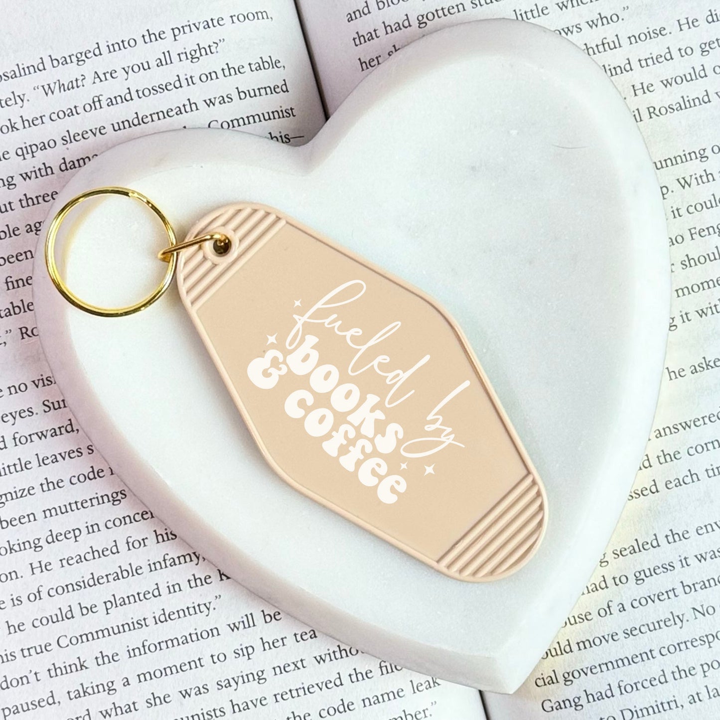 Fueled by Books and Coffee Motel Keychain | Permanent Decal Double-Sided Book Lover Keychain