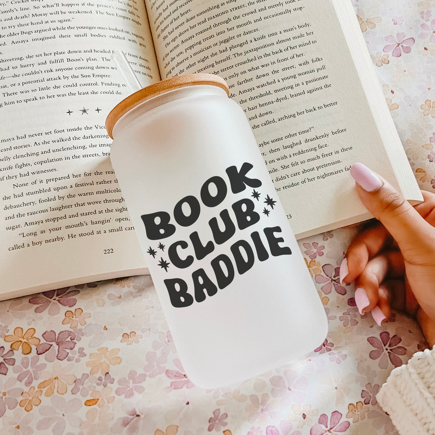 Book Club Baddie Frosted Glass Cup with Bamboo Lid and Plastic Straw for Book Lovers and Romance Readers
