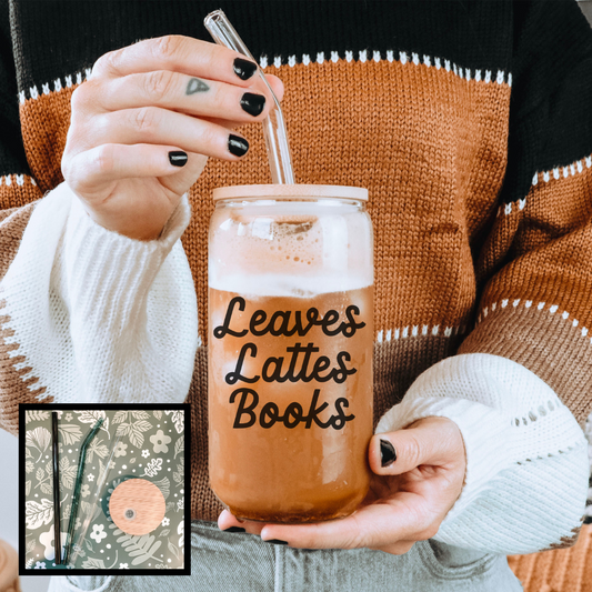 Leaves, Lattes, Books Clear Glass Cup - Natalia’s Design Studio