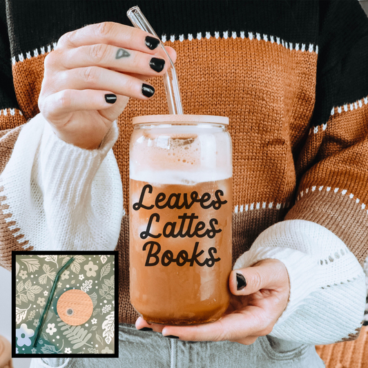 Leaves, Lattes, Books Clear Glass Cup - Natalia’s Design Studio