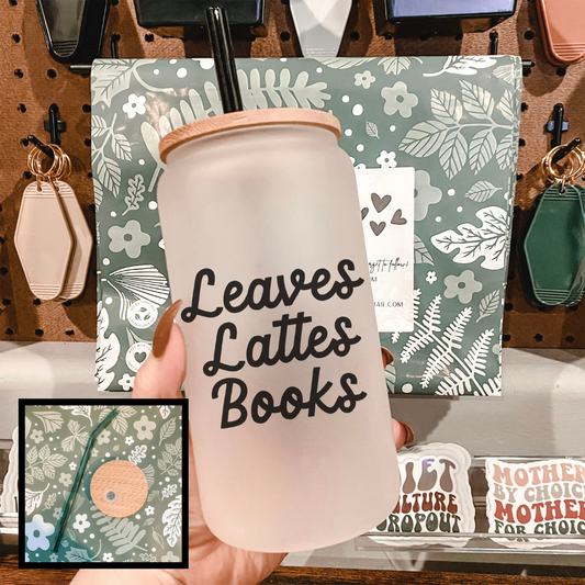 Leaves, Lattes, Books Frosted Glass Cup - Natalia’s Design Studio