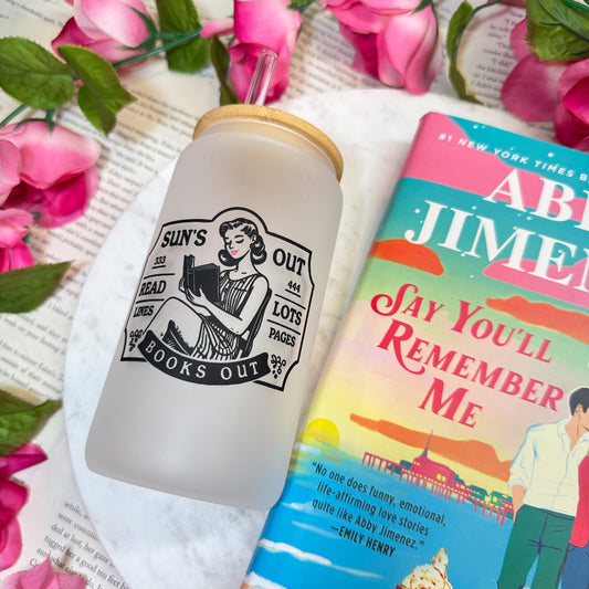 Sun’s Out Books Out Retro Frosted Glass Cup with Bamboo Lid and Straw
