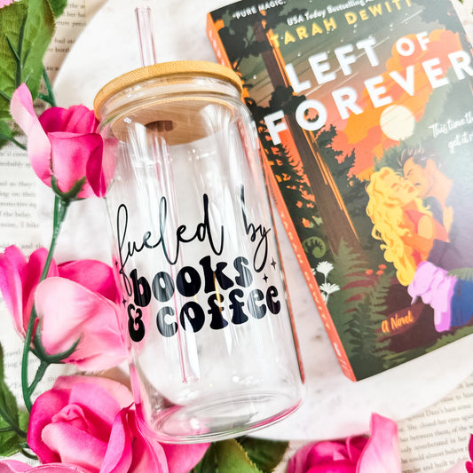 Fueled By Books & Coffee Clear Glass Cup With Bamboo Lid And Straw