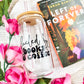 Fueled By Books & Coffee Clear Glass Cup With Bamboo Lid And Straw