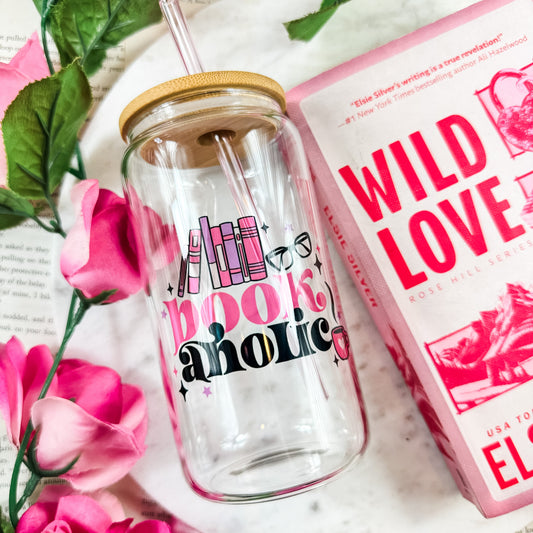 Bookaholic Clear Glass Cup With Bamboo Lid And Straw | BookTok Cup for Readers