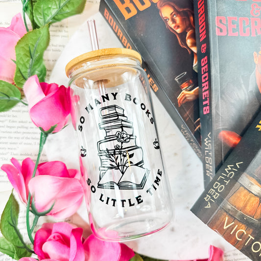 So Many Books So Little Time Glass Cup | Bookish Iced Coffee Glass with Bamboo Lid & Straw
