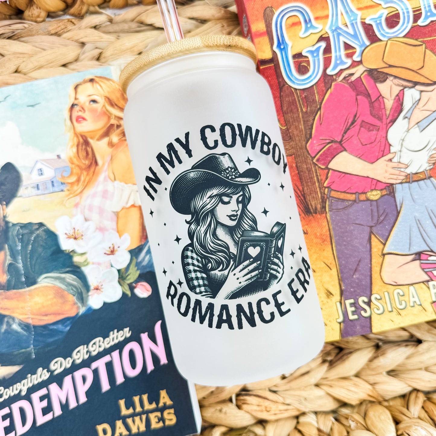 In My Cowboy Romance Era Frosted Glass Cup with Bamboo Lid and Straw