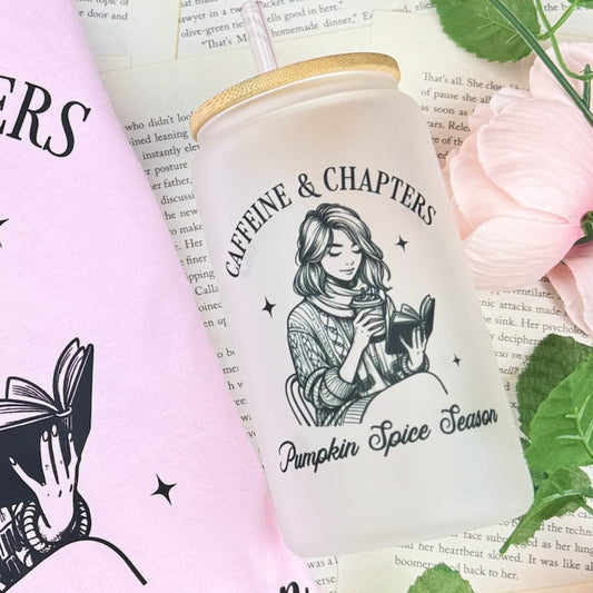 Caffeine and Chapters Frosted Glass Cup