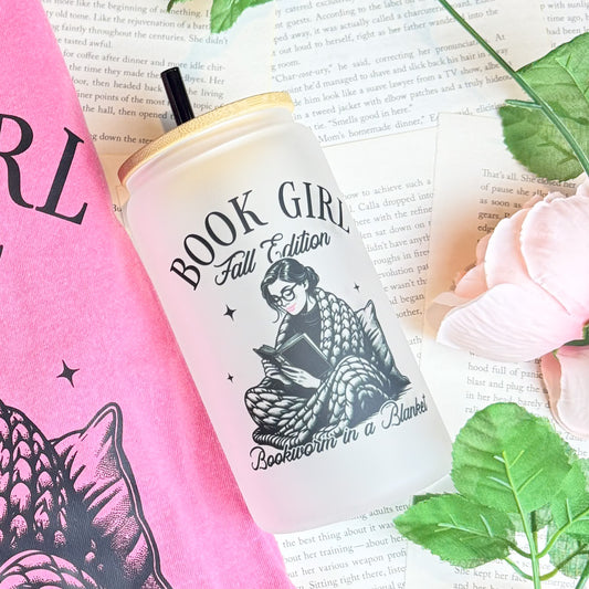 Book Girl Fall Edition - 16oz Frosted Glass Cup | Cozy Bookworm Gift