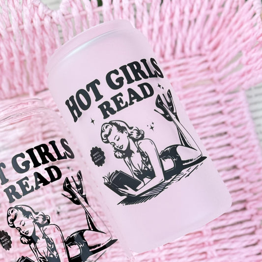 Hot Girls Read Retro-Inspired Frosted Glass Cup with Bamboo Lid and Straw