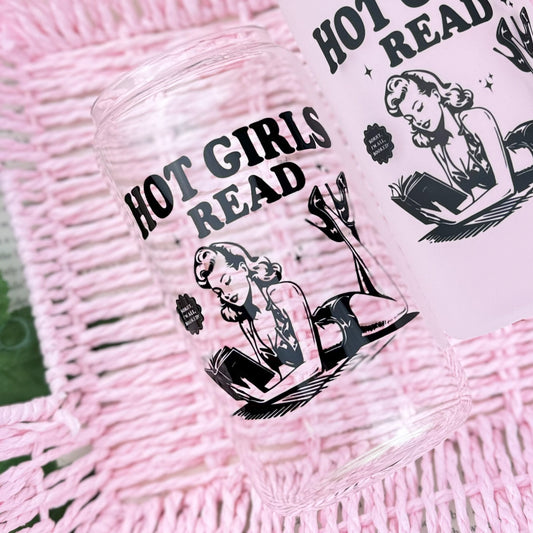 Hot Girls Read Clear Glass Cup with Bamboo Lid & Custom Straw Options | Gift for Readers