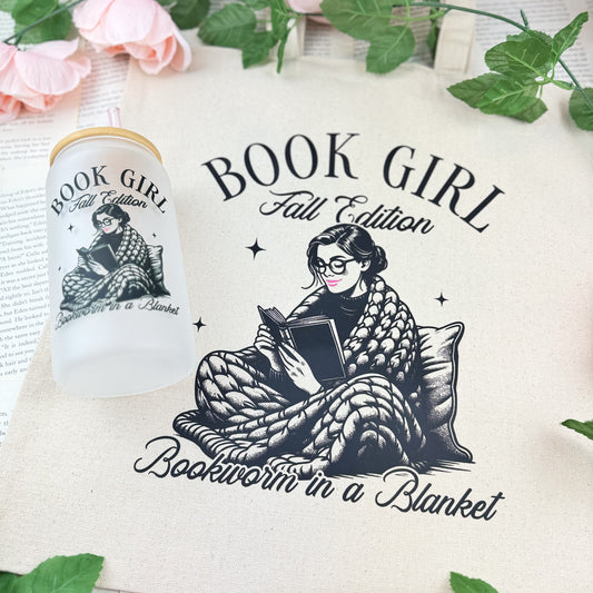 Book Girl Fall Edition - 16oz Frosted Glass Cup | Cozy Bookworm Gift