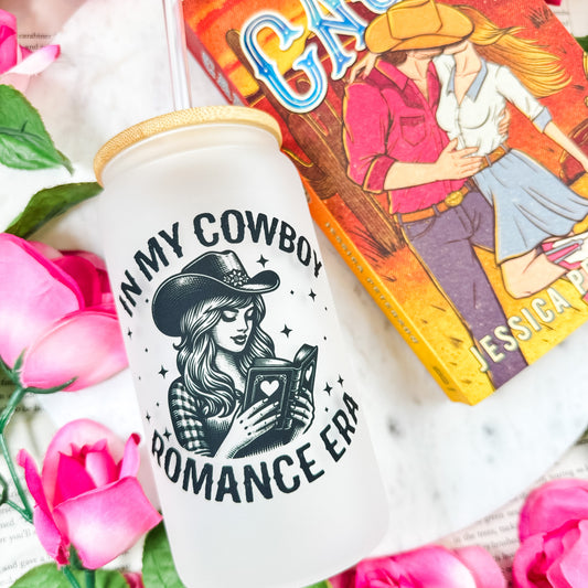 In My Cowboy Romance Era Frosted Glass Cup with Bamboo Lid and Straw