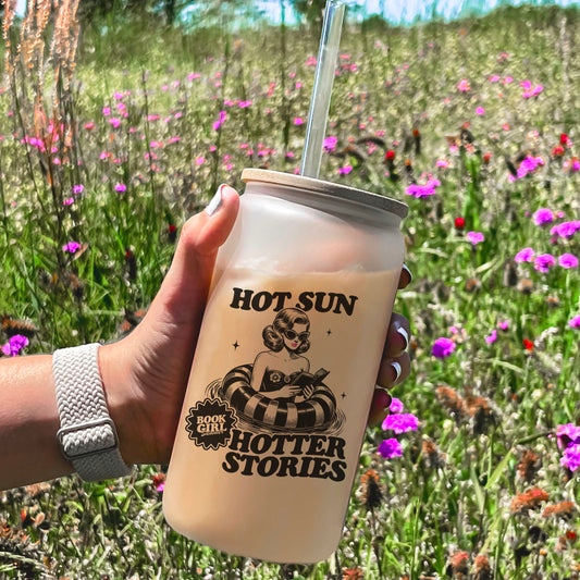 Hot Sun Hotter Stories Frosted Glass Cup with Bamboo Lid and Straw - Summer Bookish Drinkware